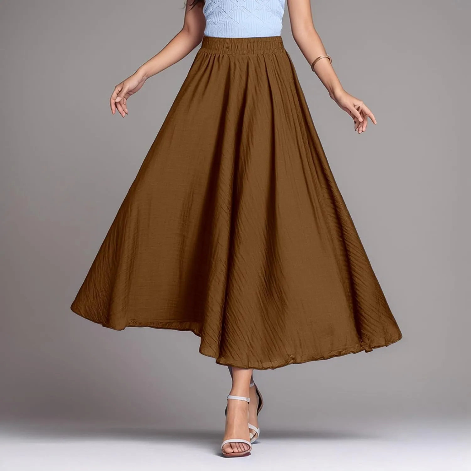 A Line Skirt for Women Trendy Flared High Elastic Waist Solid Loose Pleated Long Skirts for Summer Vacation Streetwear