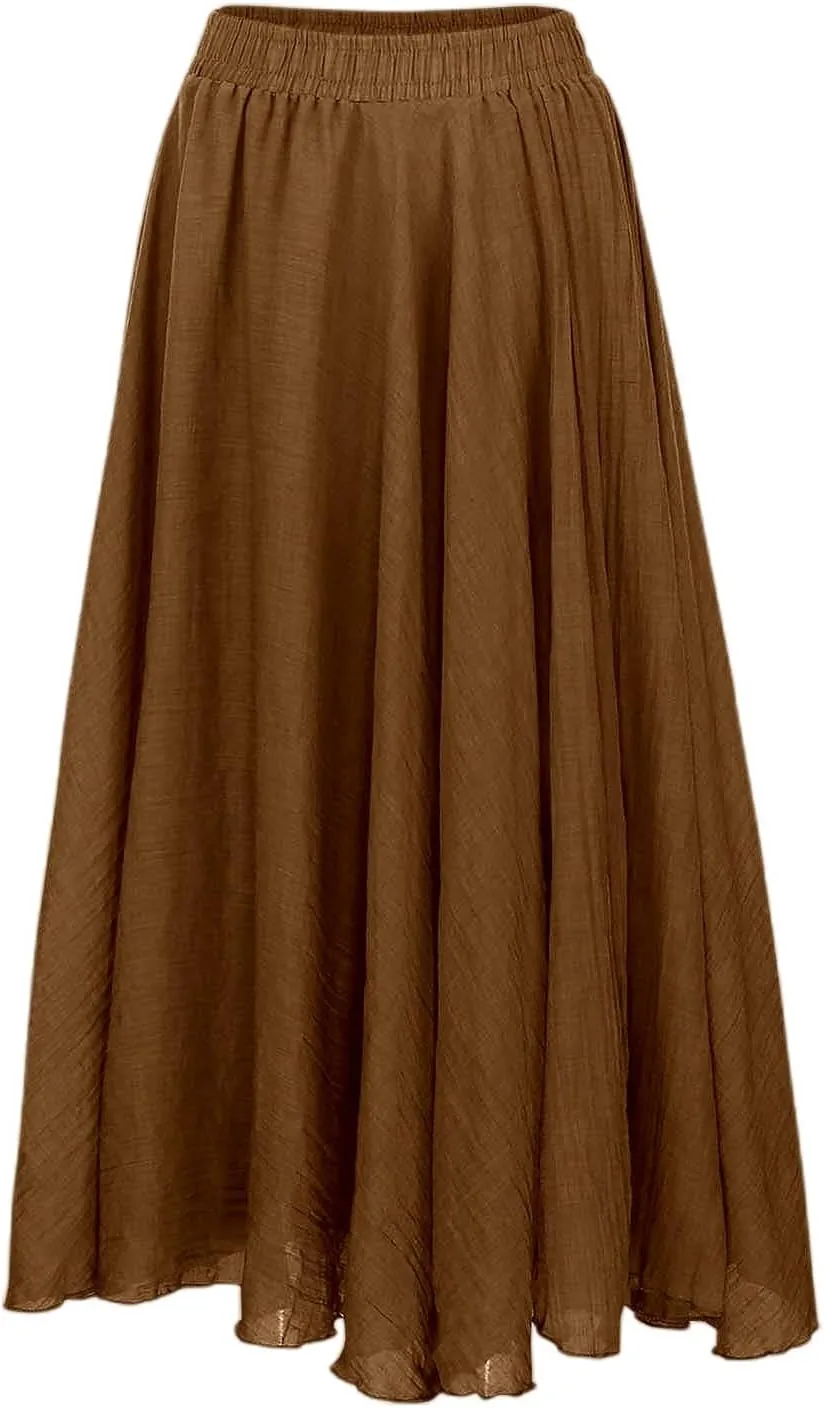 A Line Skirt for Women Trendy Flared High Elastic Waist Solid Loose Pleated Long Skirts for Summer Vacation Streetwear