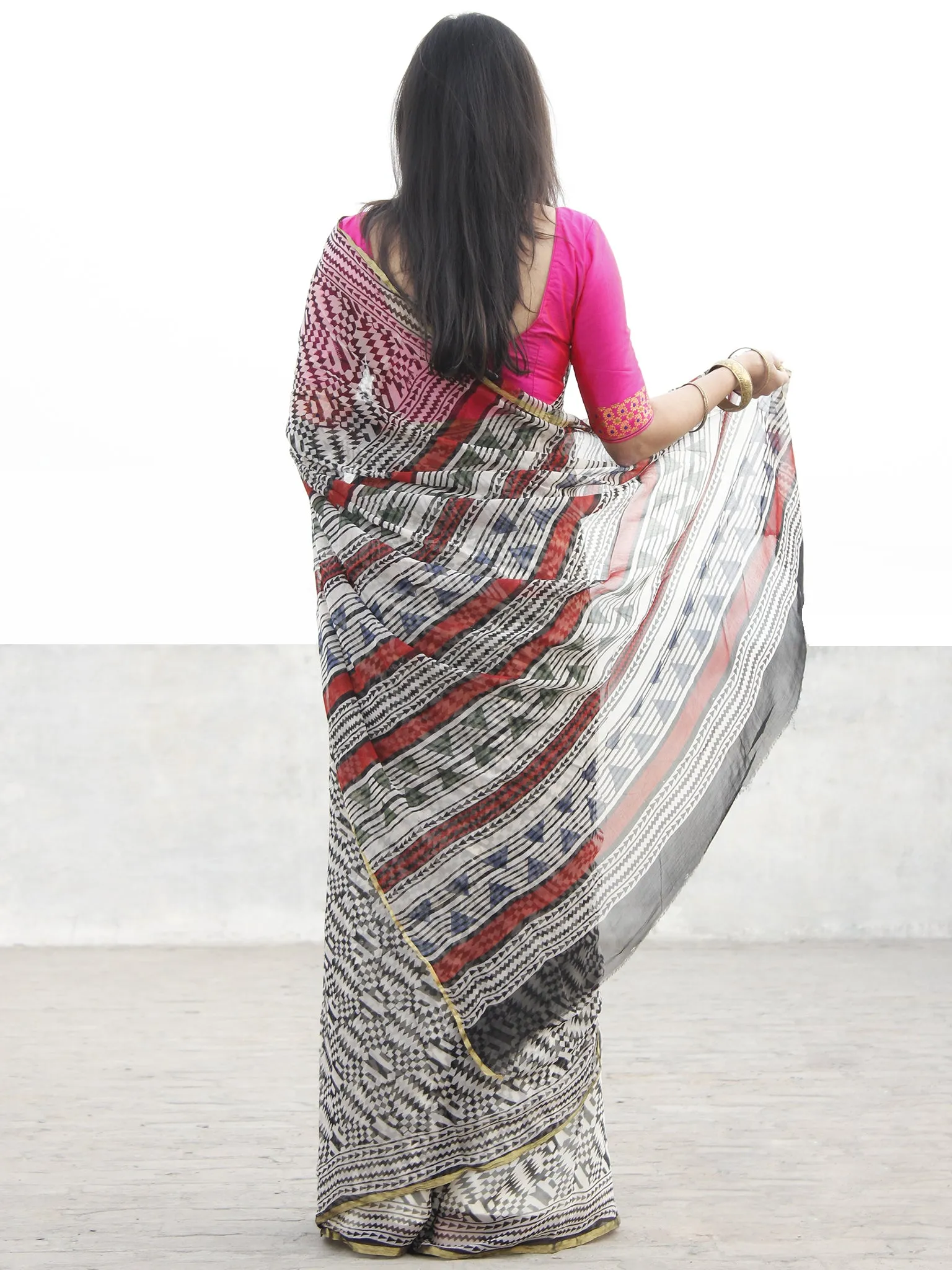 Beige Black Hand Block Printed Chiffon Saree With Zari Border- S031702568