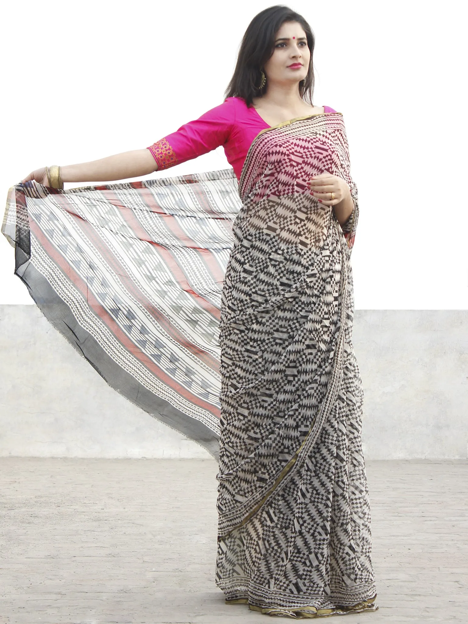 Beige Black Hand Block Printed Chiffon Saree With Zari Border- S031702568