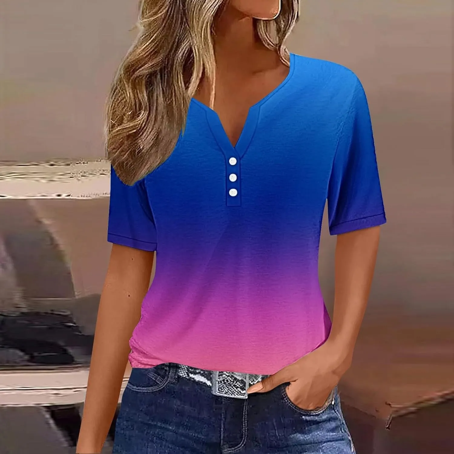 Ceboyel Women Floral Boho Summer Tops 2024 Short Sleeve Henley Shirts V Neck Blouses Tunic Trendy Fashion Vacation Clothes