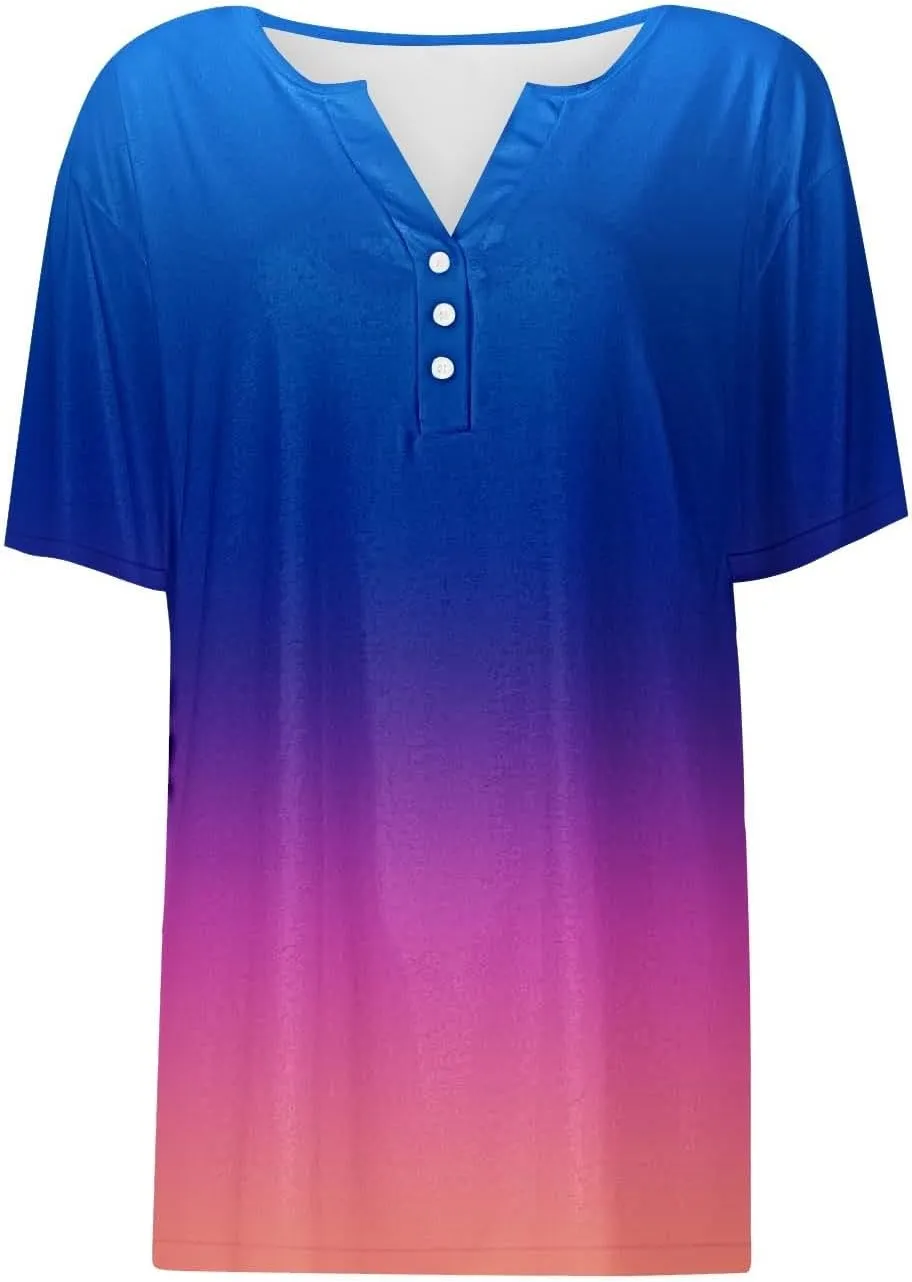 Ceboyel Women Floral Boho Summer Tops 2024 Short Sleeve Henley Shirts V Neck Blouses Tunic Trendy Fashion Vacation Clothes