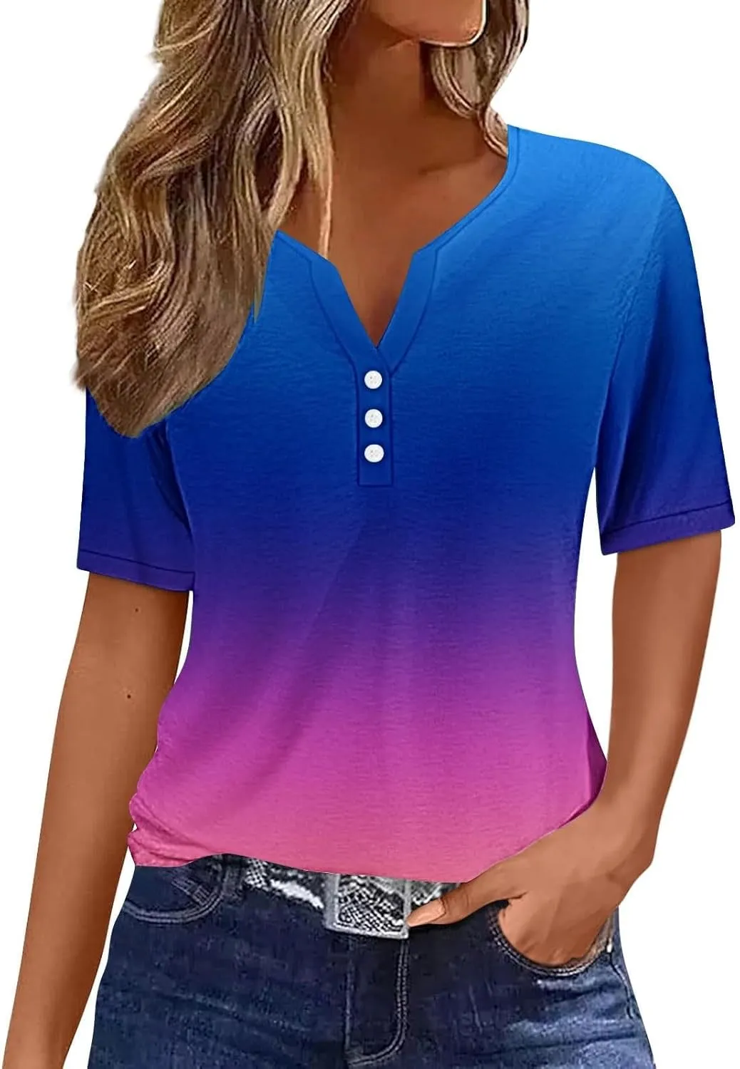 Ceboyel Women Floral Boho Summer Tops 2024 Short Sleeve Henley Shirts V Neck Blouses Tunic Trendy Fashion Vacation Clothes