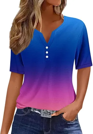 Ceboyel Women Floral Boho Summer Tops 2024 Short Sleeve Henley Shirts V Neck Blouses Tunic Trendy Fashion Vacation Clothes