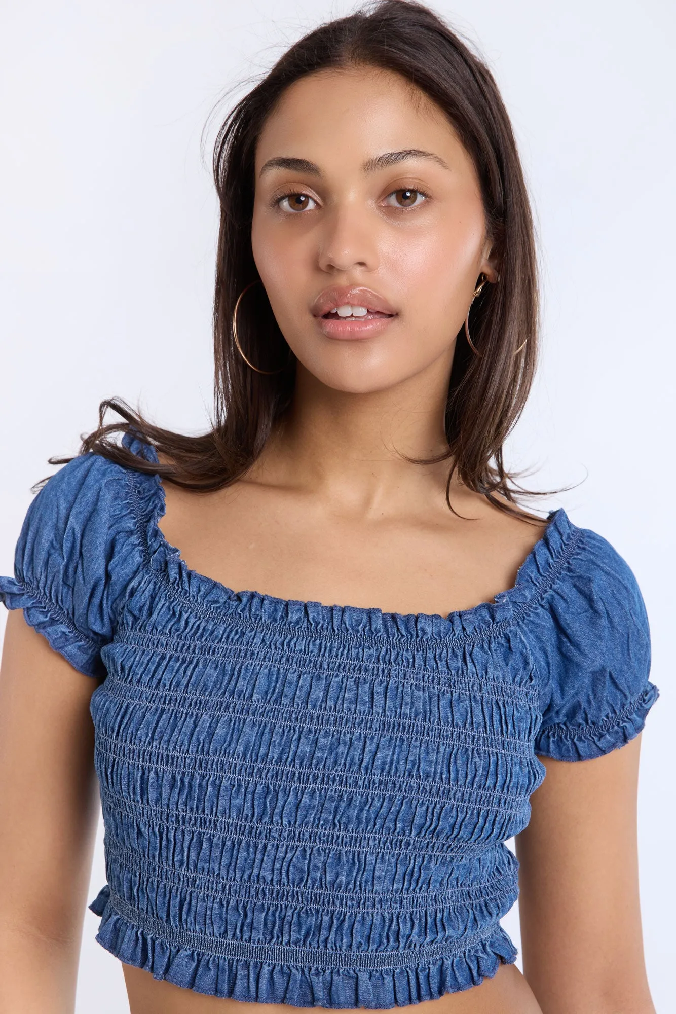 Chambray Smocked Off-Shoulder Cropped Top