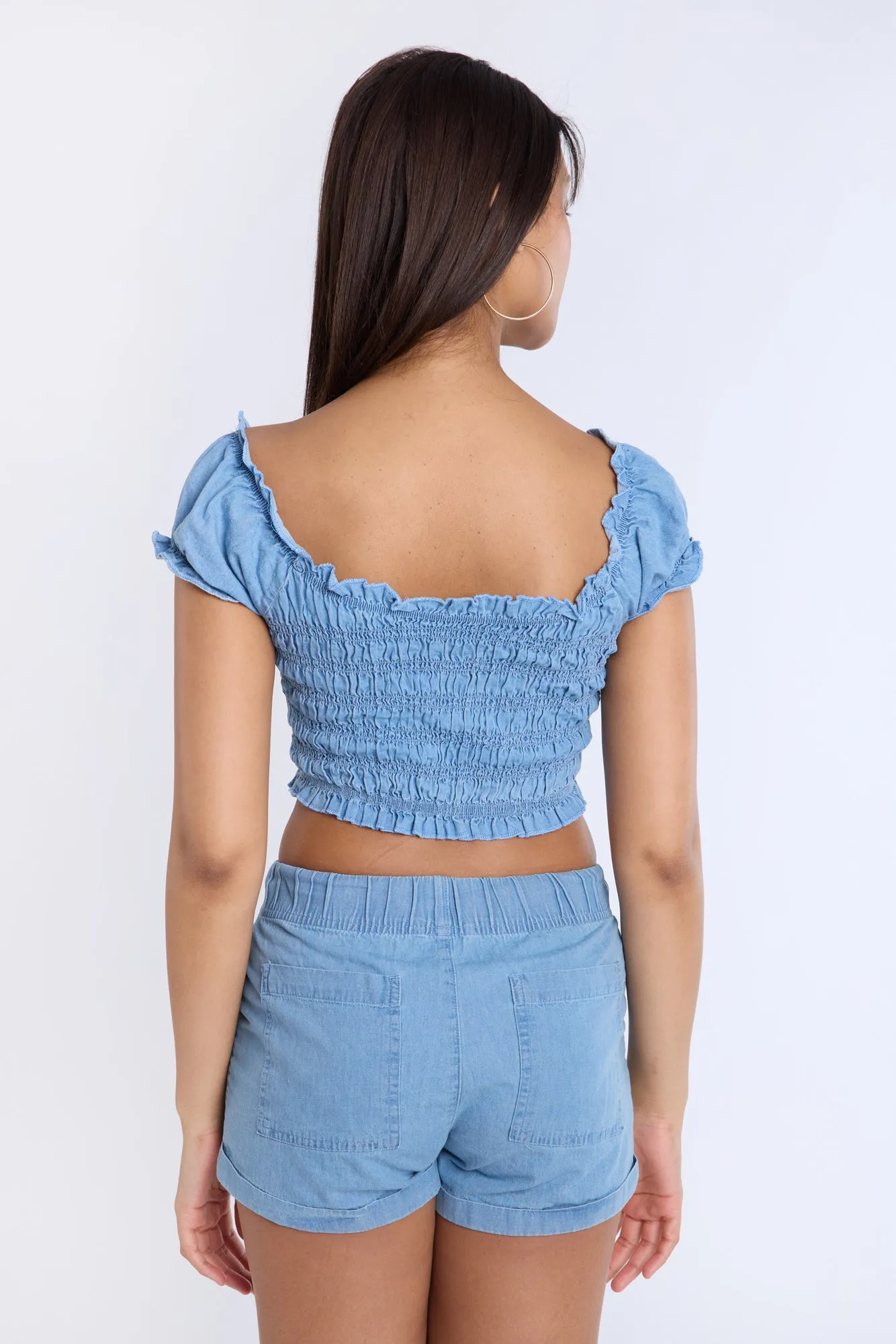 Chambray Smocked Off-Shoulder Cropped Top