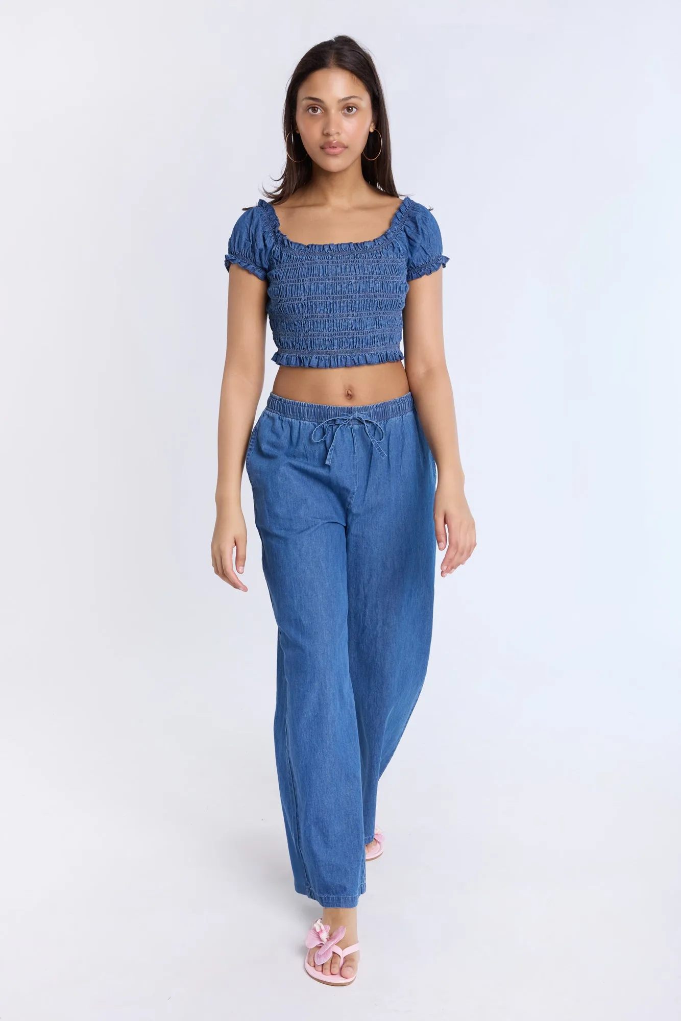 Chambray Smocked Off-Shoulder Cropped Top