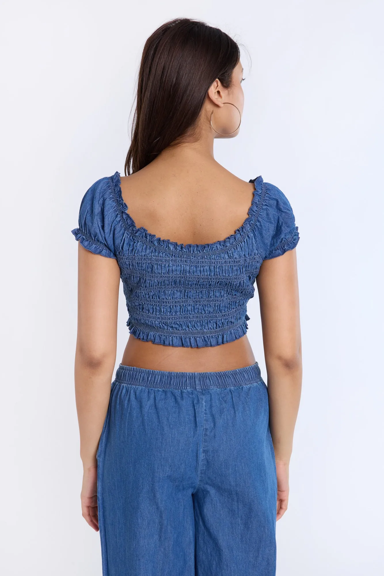 Chambray Smocked Off-Shoulder Cropped Top