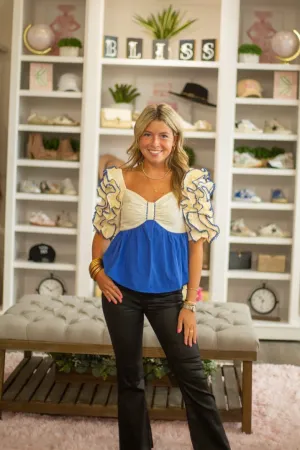 Colorblock Bow Shape Bust Contrast Ruffle Trim Blouse Top