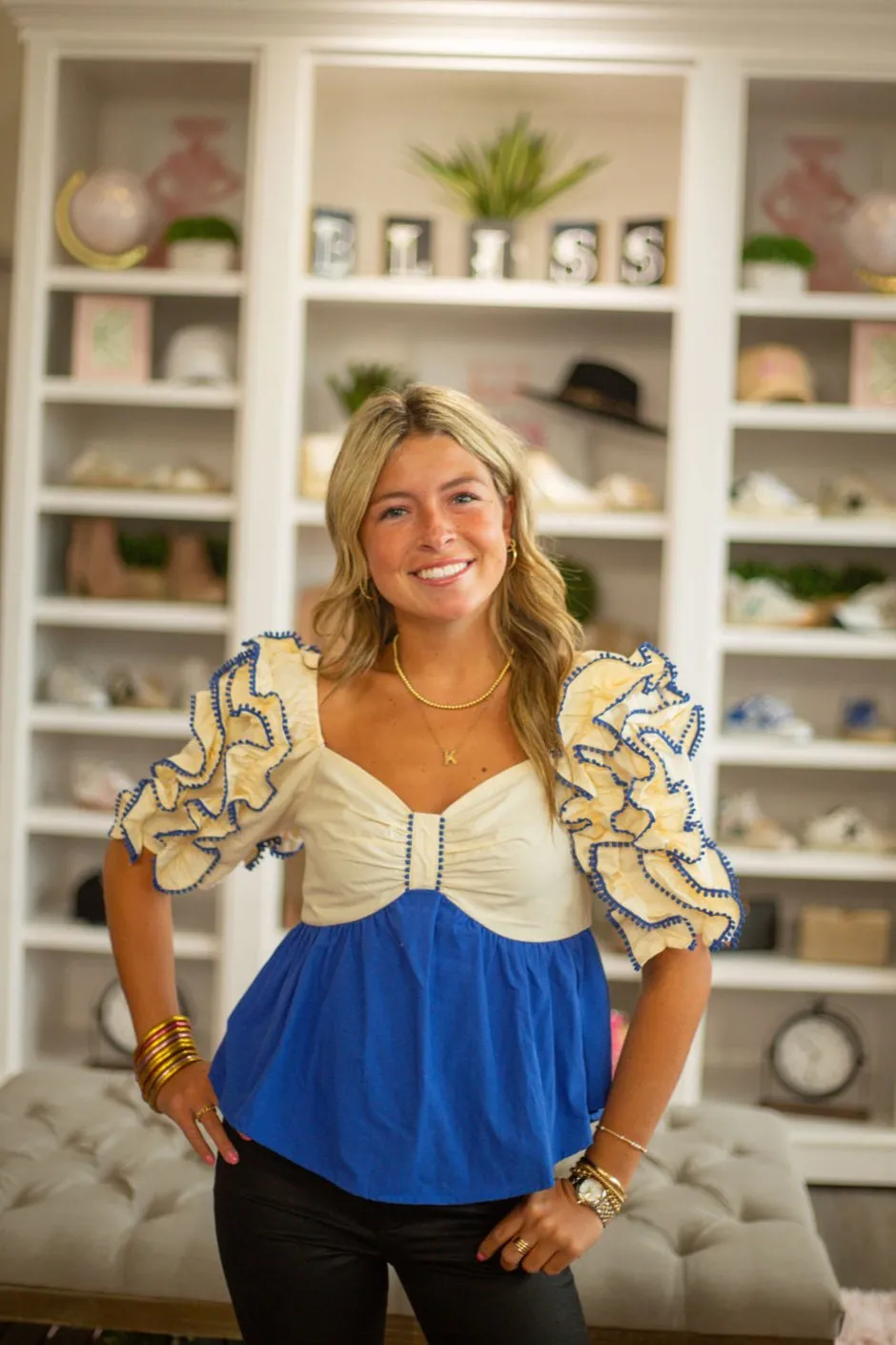 Colorblock Bow Shape Bust Contrast Ruffle Trim Blouse Top