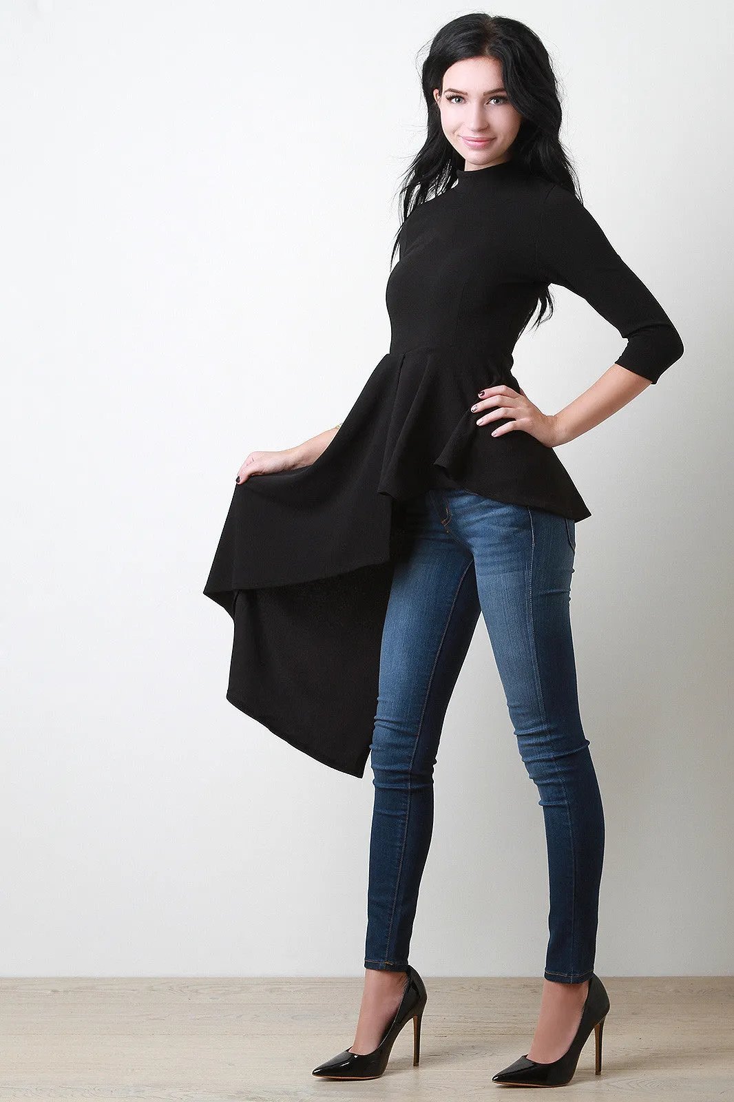 Crepe Mock Neck Asymmetrical Peplum Top