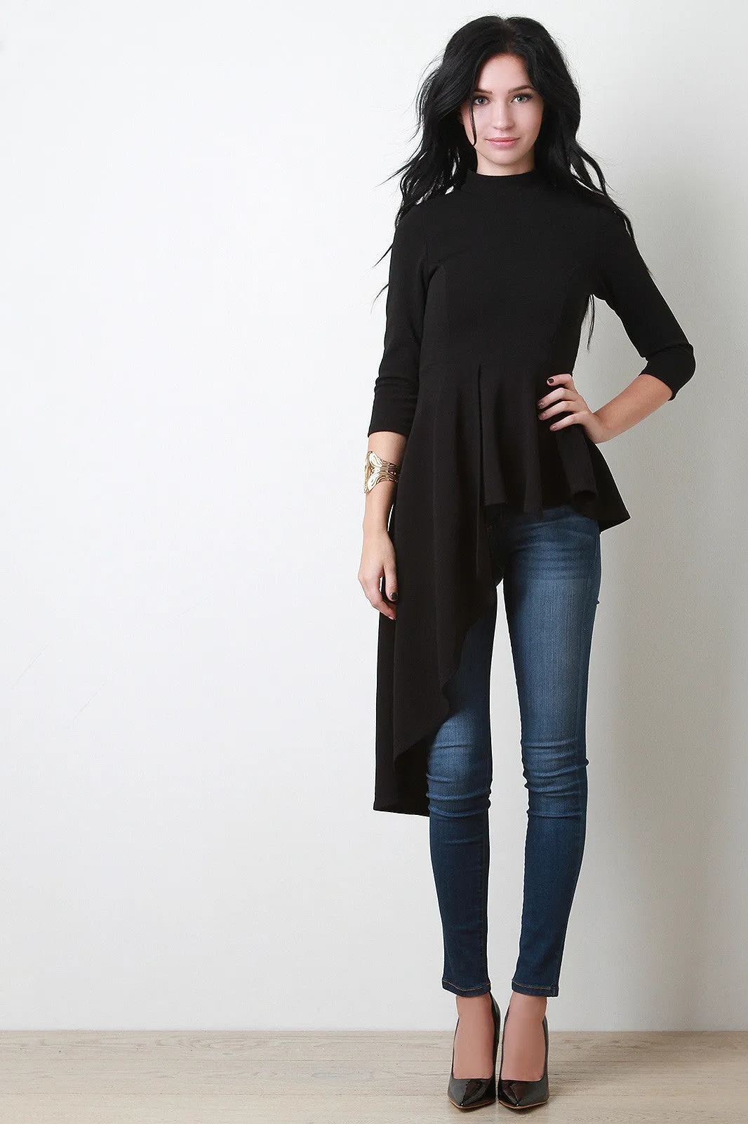 Crepe Mock Neck Asymmetrical Peplum Top