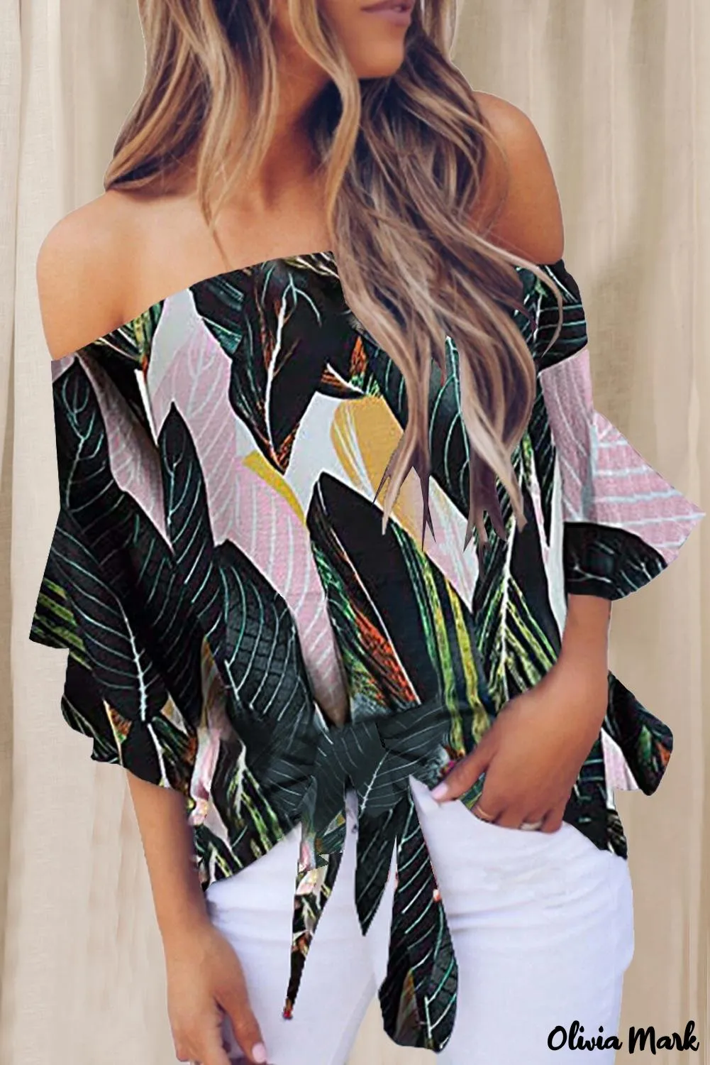 Deanwangkt - Blue Chiffon Off Shoulder Tie Front Blouse