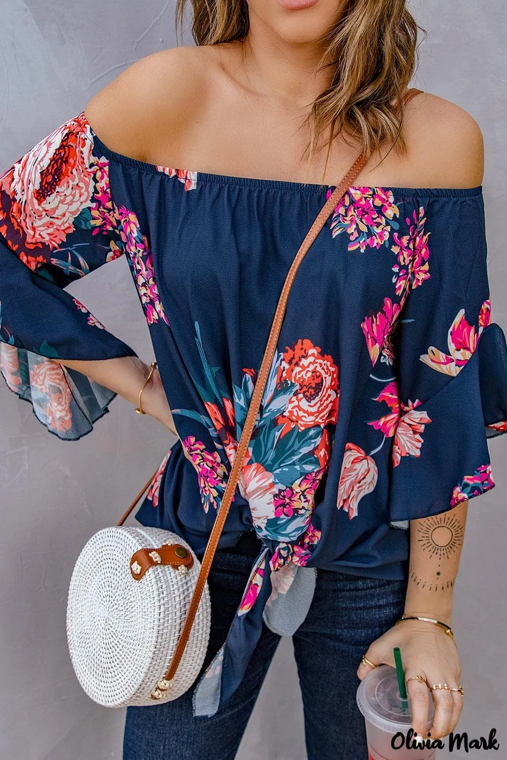 Deanwangkt - Blue Chiffon Off Shoulder Tie Front Blouse