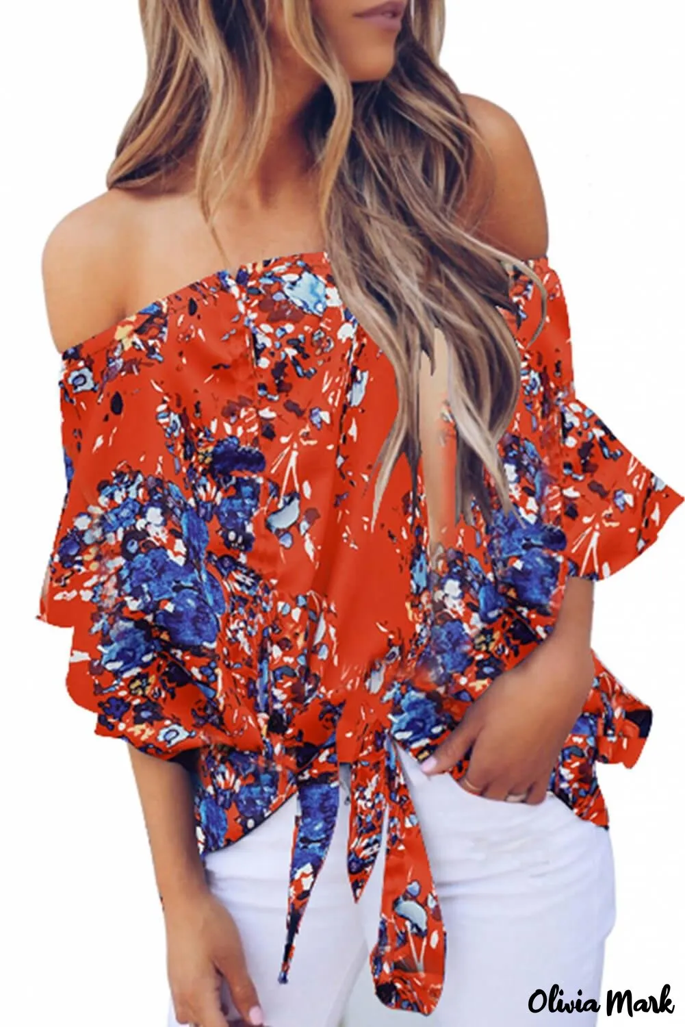 Deanwangkt - Blue Chiffon Off Shoulder Tie Front Blouse
