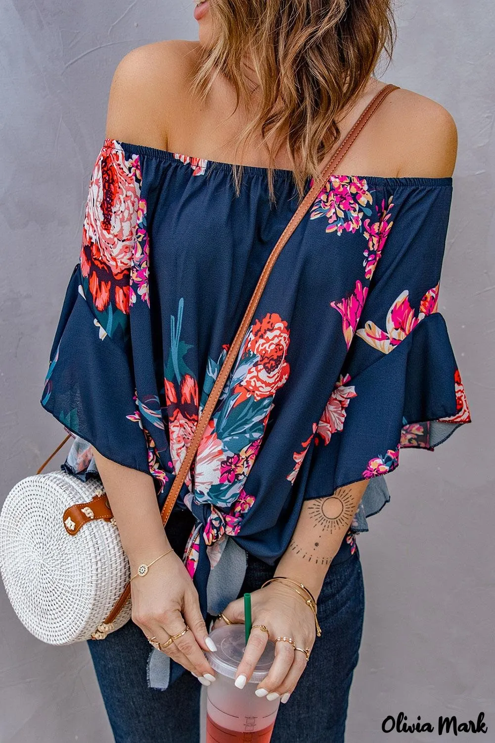 Deanwangkt - Blue Chiffon Off Shoulder Tie Front Blouse