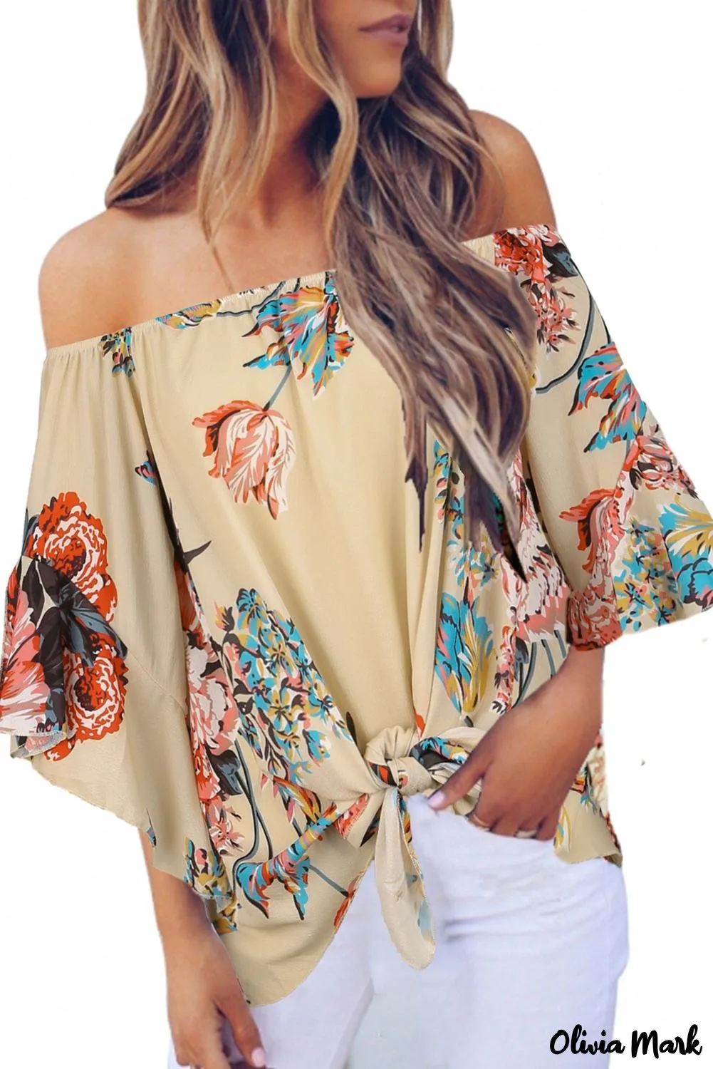 Deanwangkt - Blue Chiffon Off Shoulder Tie Front Blouse