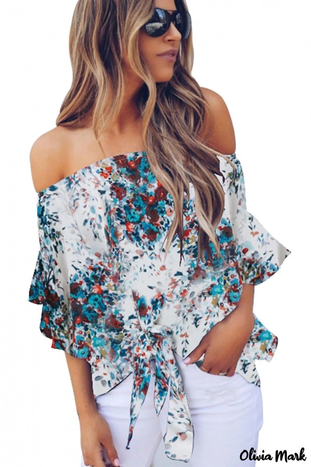 Deanwangkt - Blue Chiffon Off Shoulder Tie Front Blouse