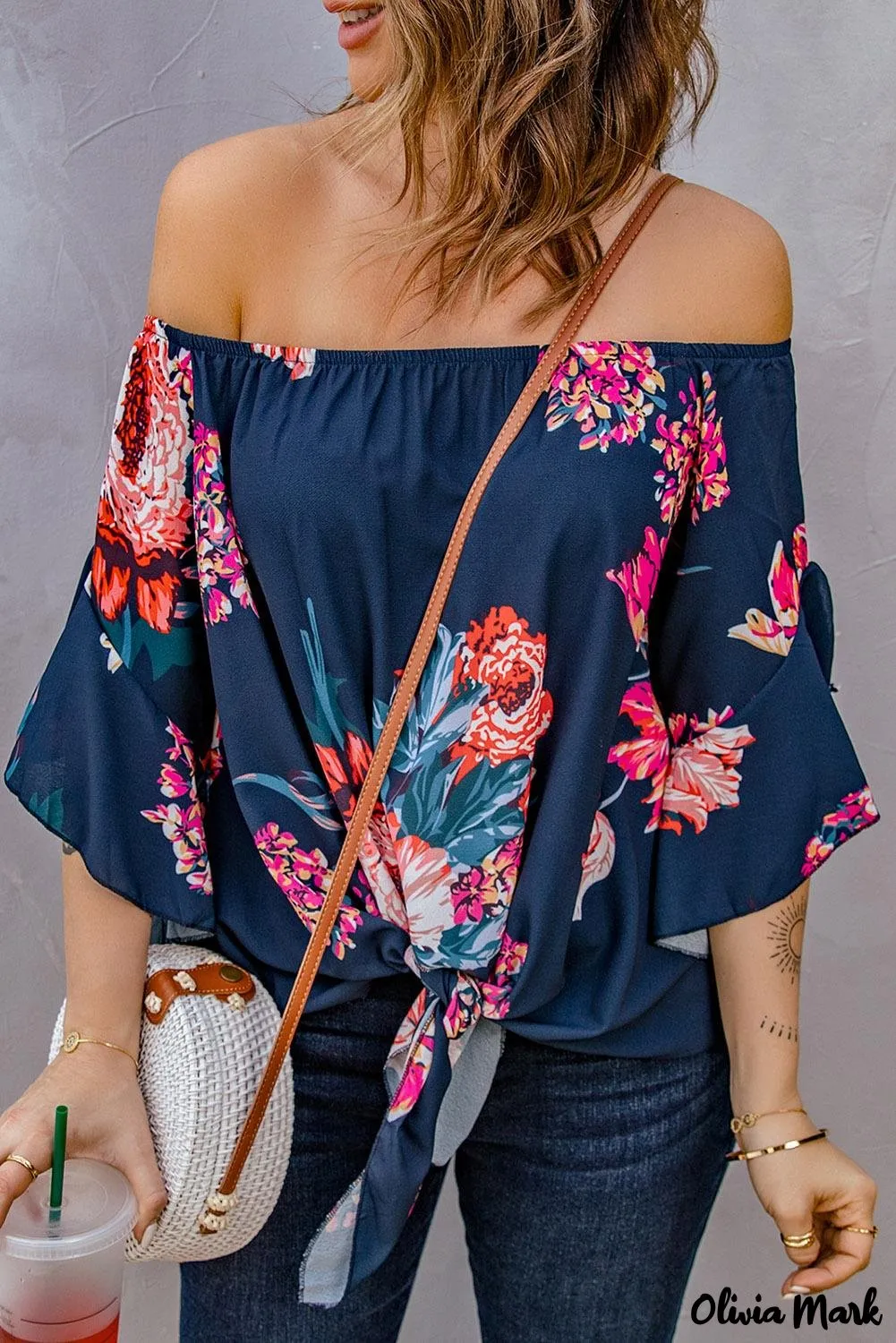 Deanwangkt - Blue Chiffon Off Shoulder Tie Front Blouse