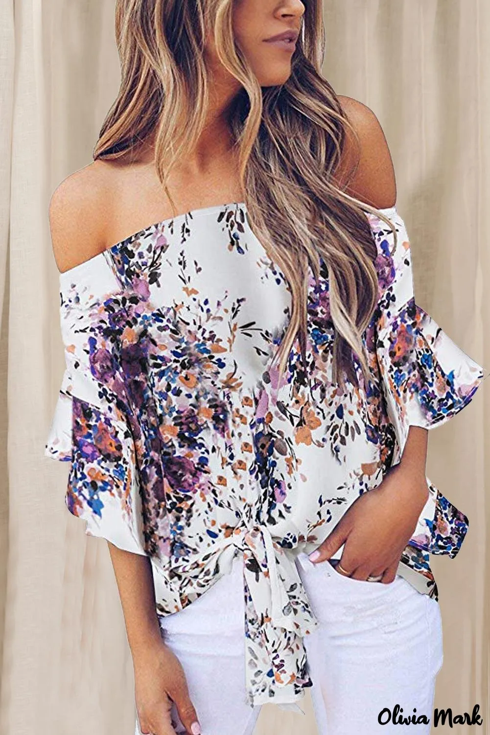 Deanwangkt - Blue Chiffon Off Shoulder Tie Front Blouse
