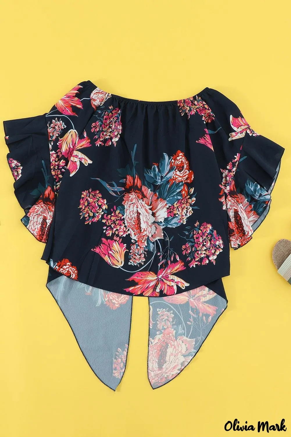 Deanwangkt - Blue Chiffon Off Shoulder Tie Front Blouse