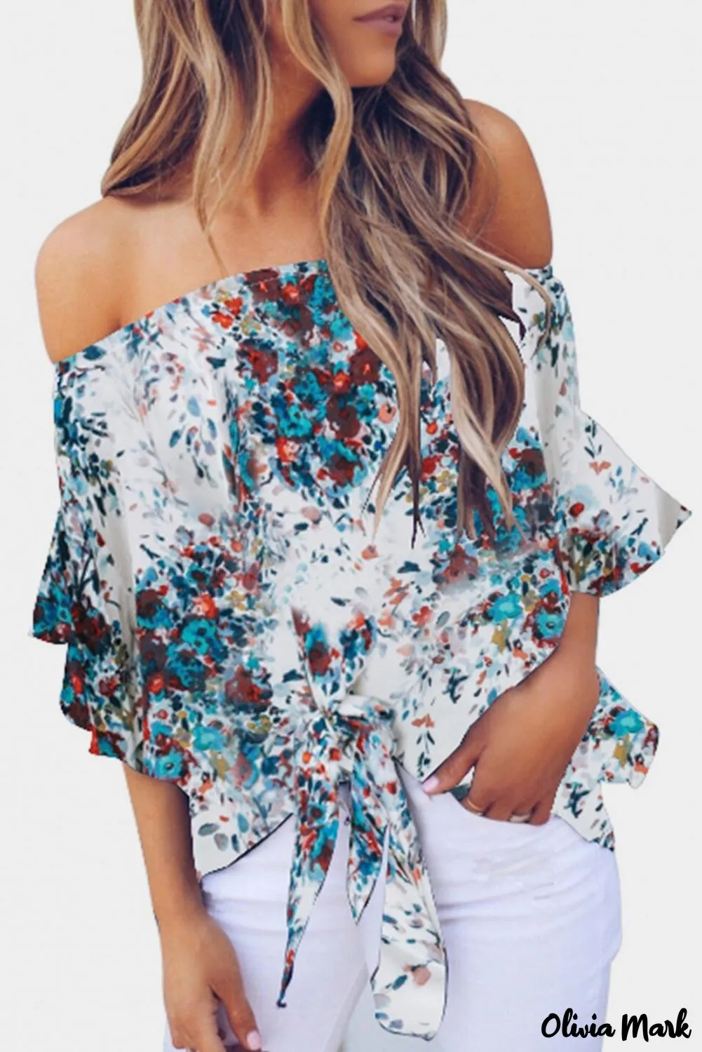 Deanwangkt - Blue Chiffon Off Shoulder Tie Front Blouse