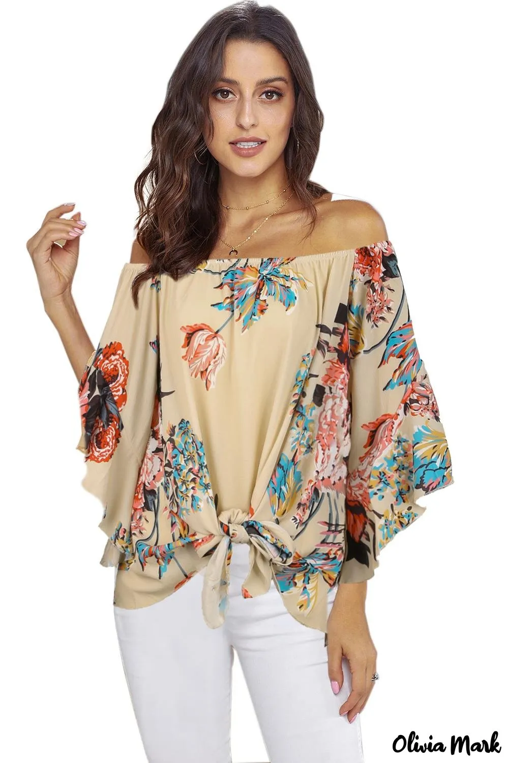 Deanwangkt - Blue Chiffon Off Shoulder Tie Front Blouse