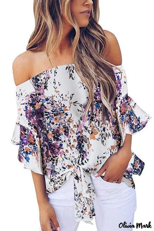 Deanwangkt - Blue Chiffon Off Shoulder Tie Front Blouse