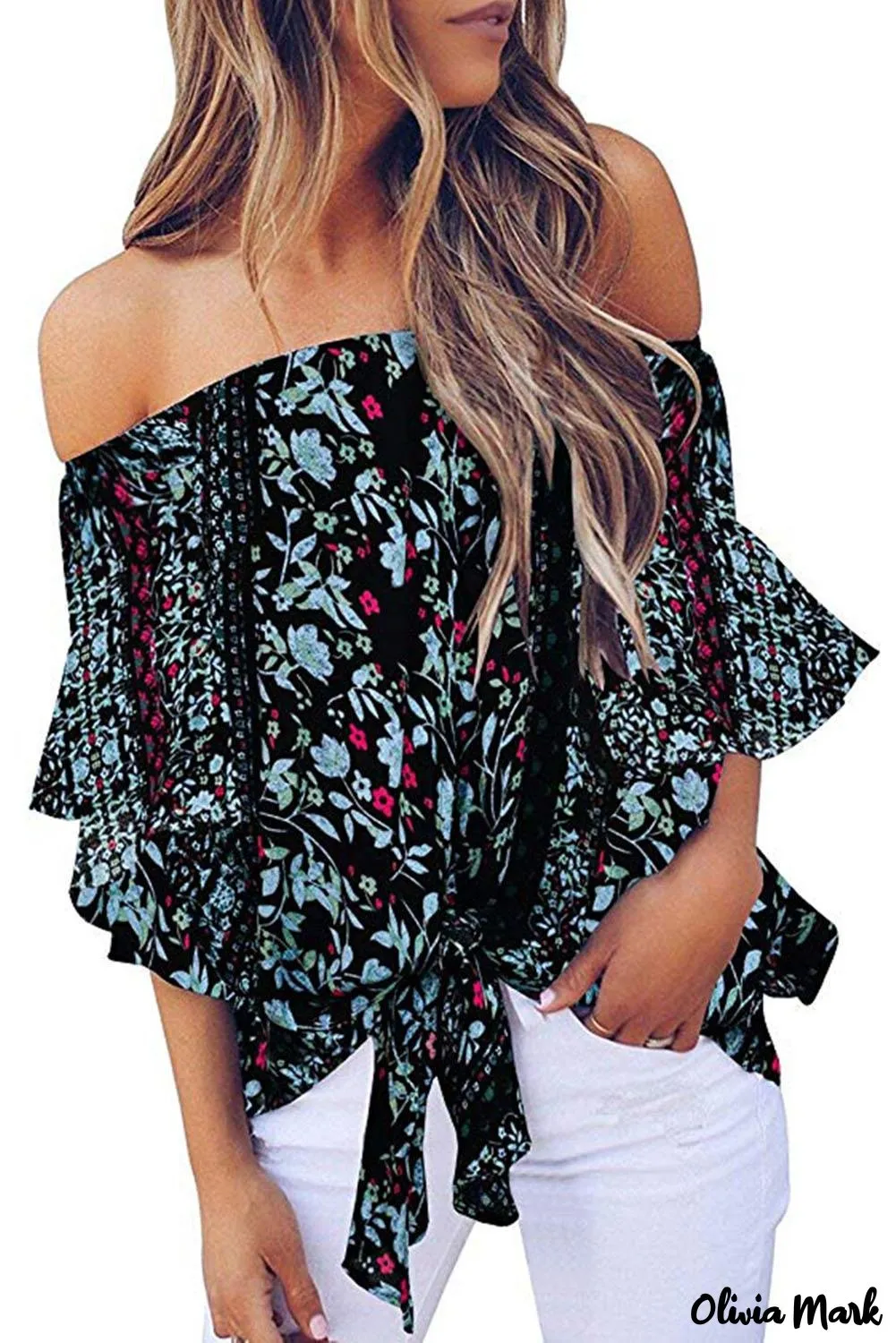 Deanwangkt - Blue Chiffon Off Shoulder Tie Front Blouse