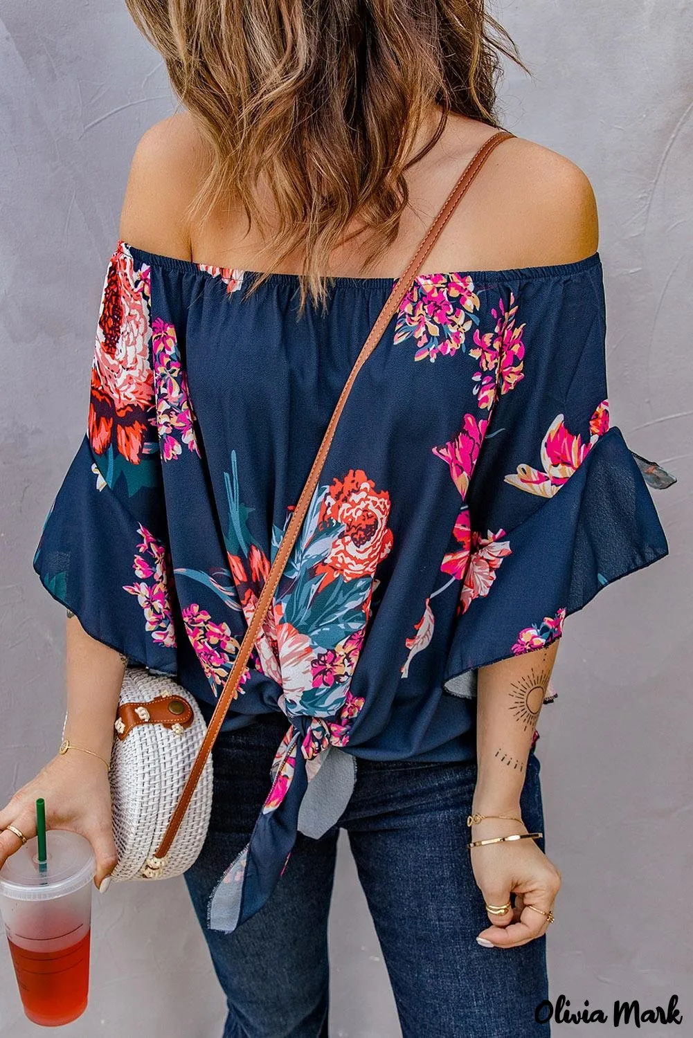 Deanwangkt - Blue Chiffon Off Shoulder Tie Front Blouse