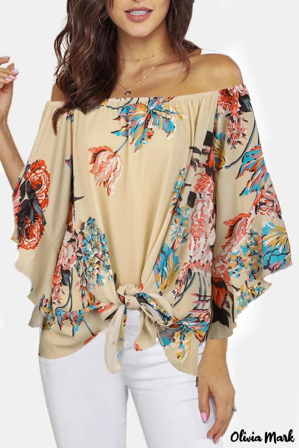 Deanwangkt - Blue Chiffon Off Shoulder Tie Front Blouse