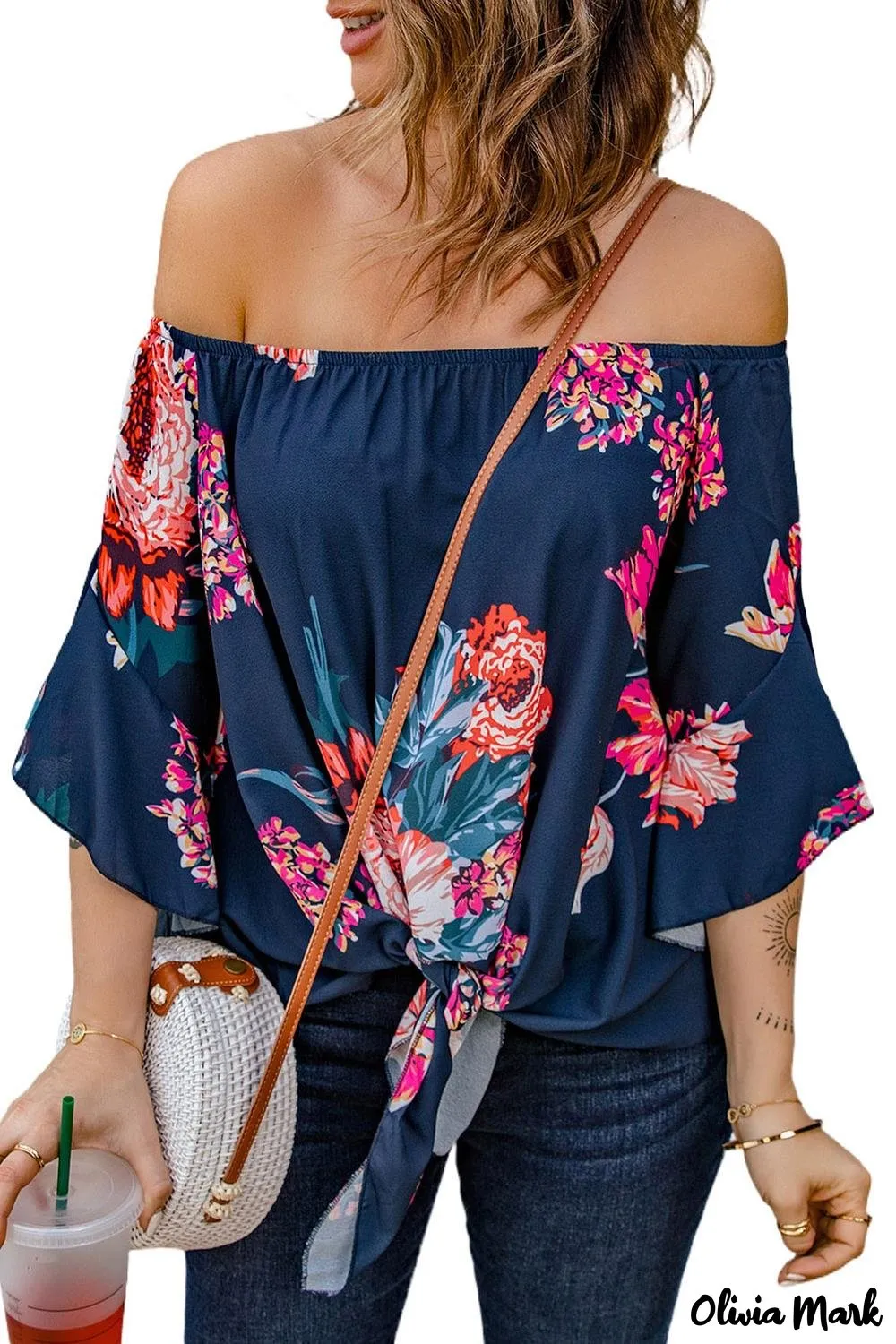 Deanwangkt - Blue Chiffon Off Shoulder Tie Front Blouse