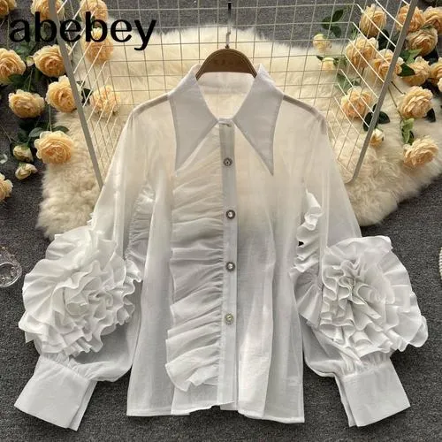 deanwangkt Ruffle Trim Shirt For Women Lapel Lantern Sleeve Loose Solid Button Through Blouse Female Fashion Clothing