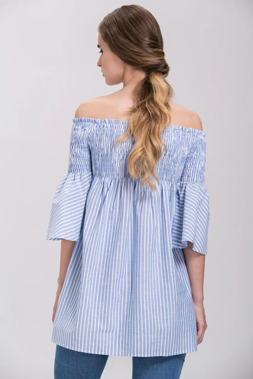 Denim Blue Vertical Stripe Elastic off the shoulder Empire Tunic Top