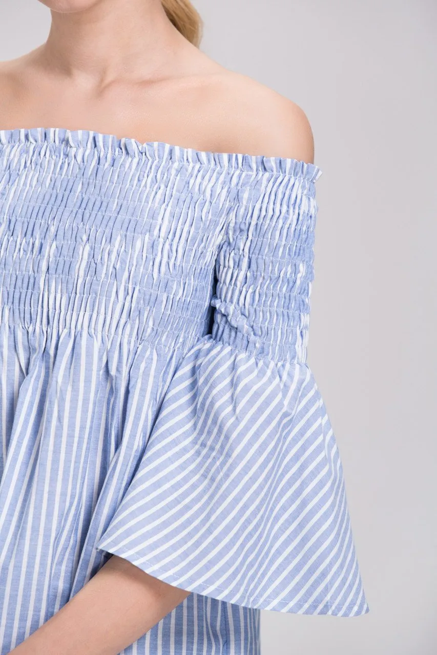 Denim Blue Vertical Stripe Elastic off the shoulder Empire Tunic Top