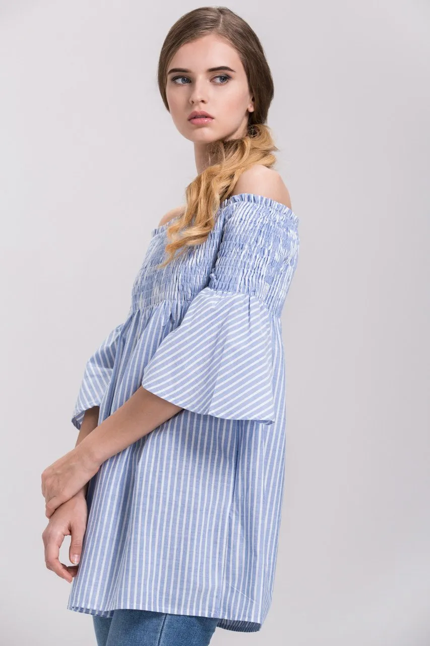 Denim Blue Vertical Stripe Elastic off the shoulder Empire Tunic Top