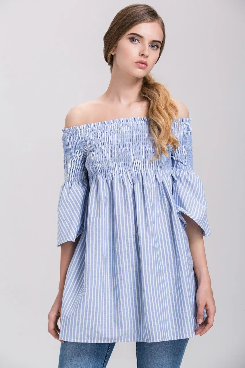 Denim Blue Vertical Stripe Elastic off the shoulder Empire Tunic Top