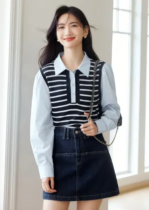 FAKE KNIT STRIPED PANELED SHIRT