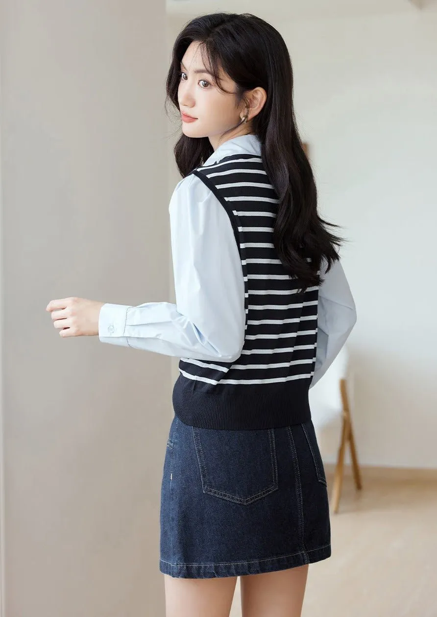 FAKE KNIT STRIPED PANELED SHIRT