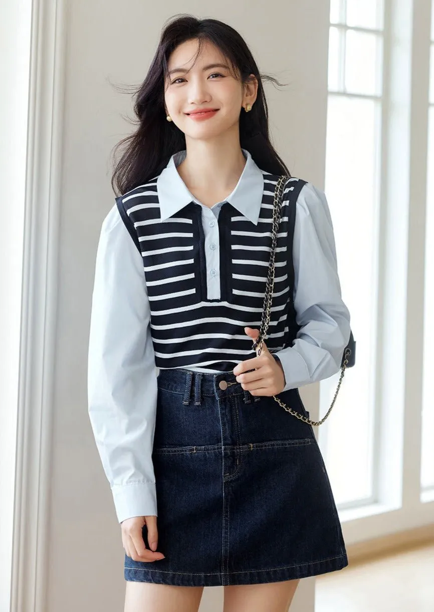 FAKE KNIT STRIPED PANELED SHIRT