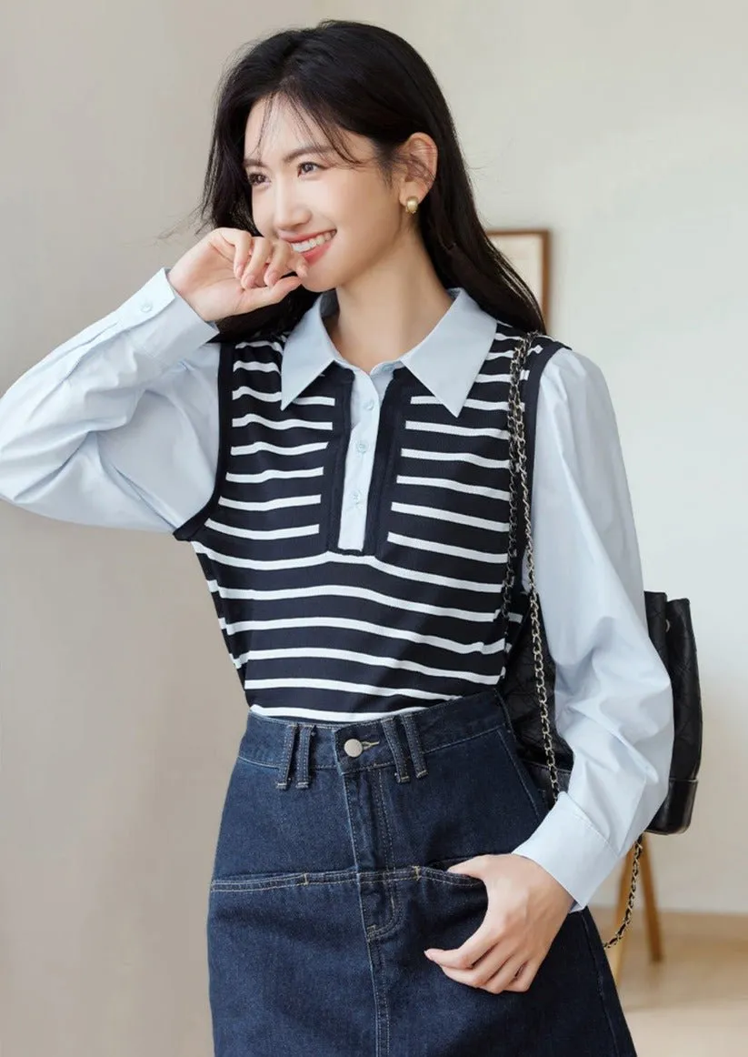 FAKE KNIT STRIPED PANELED SHIRT