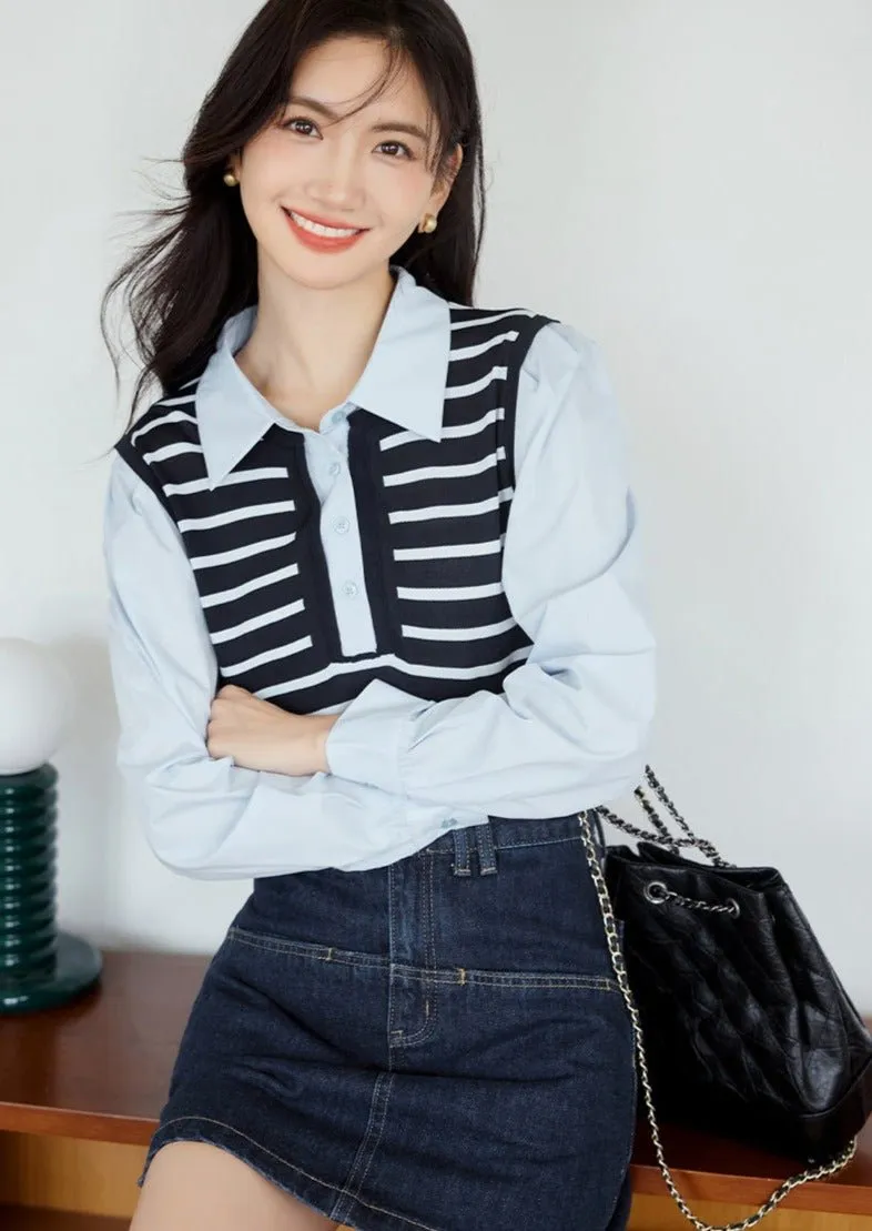 FAKE KNIT STRIPED PANELED SHIRT