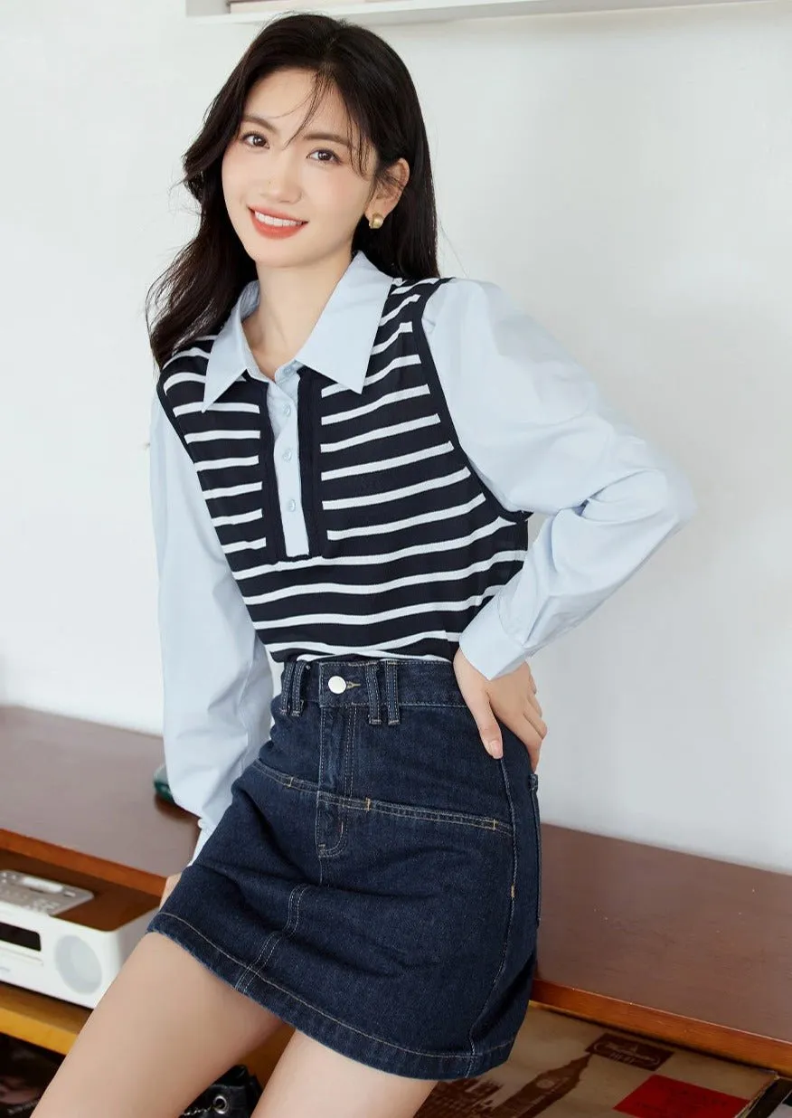 FAKE KNIT STRIPED PANELED SHIRT