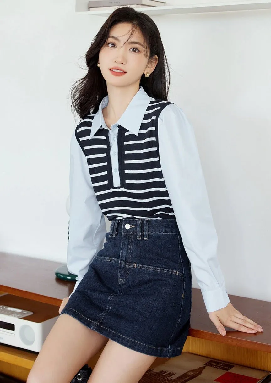FAKE KNIT STRIPED PANELED SHIRT
