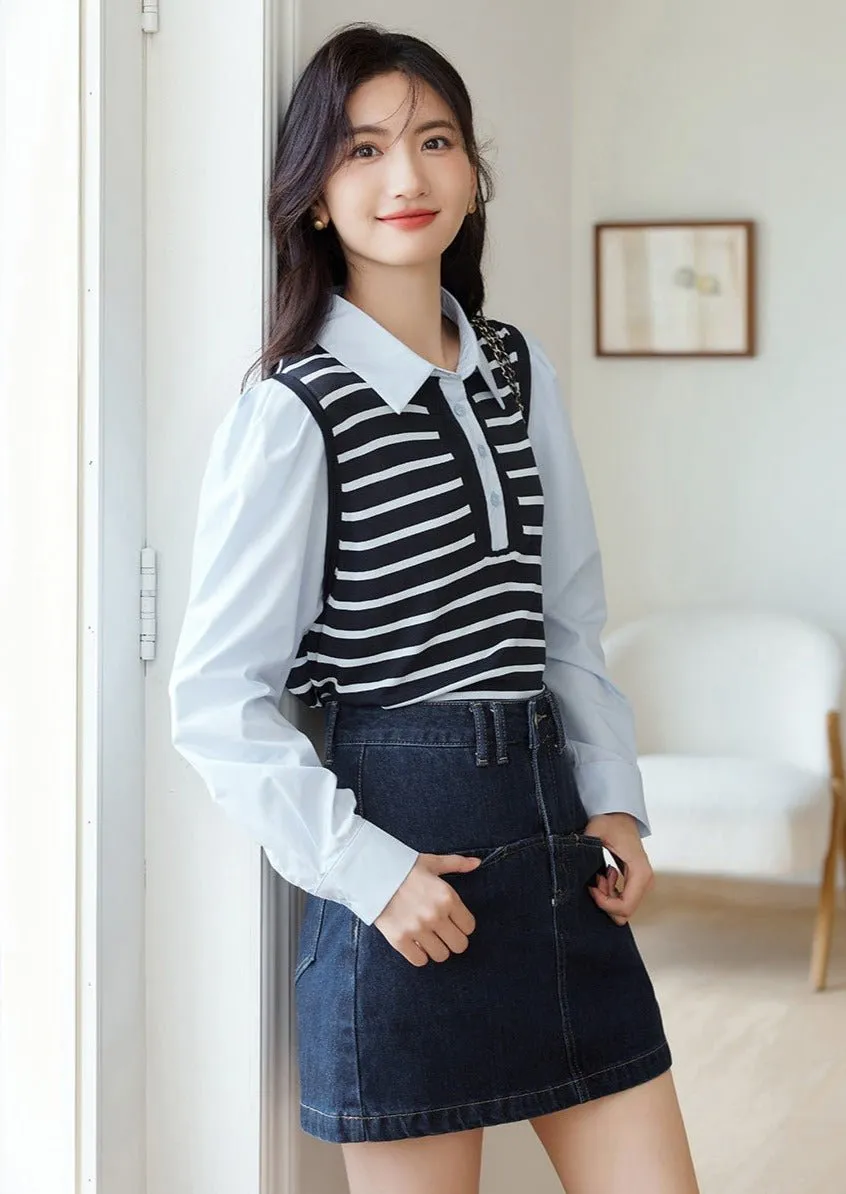 FAKE KNIT STRIPED PANELED SHIRT