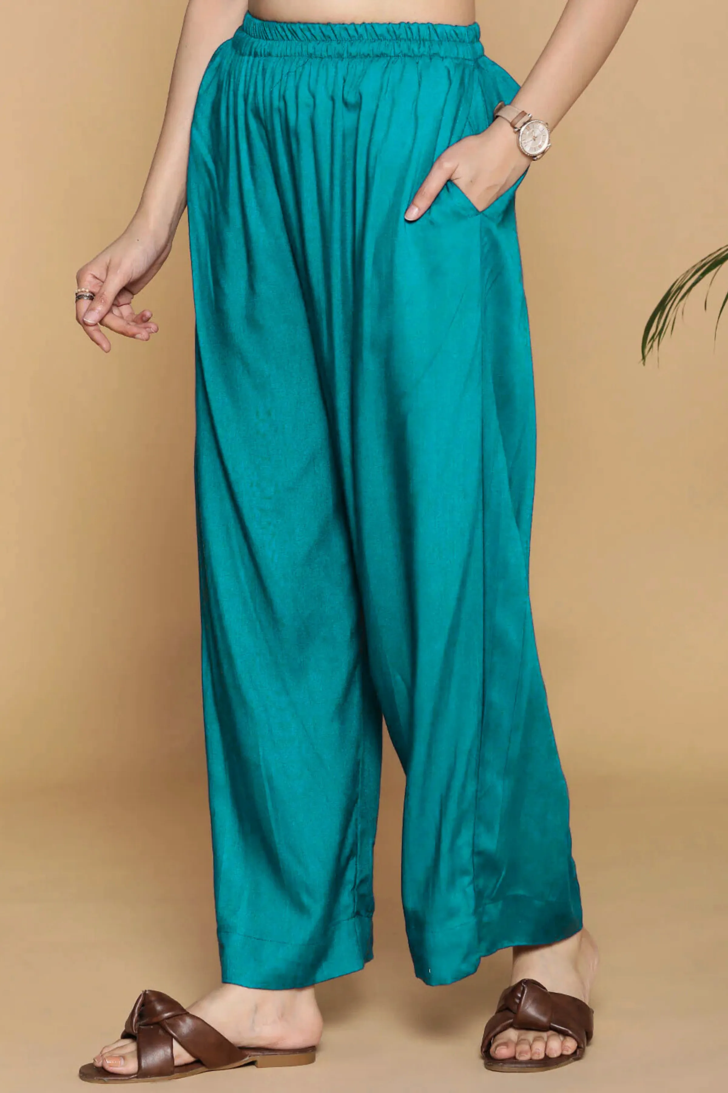 Firozi Flared Rayon Palazzo Pants