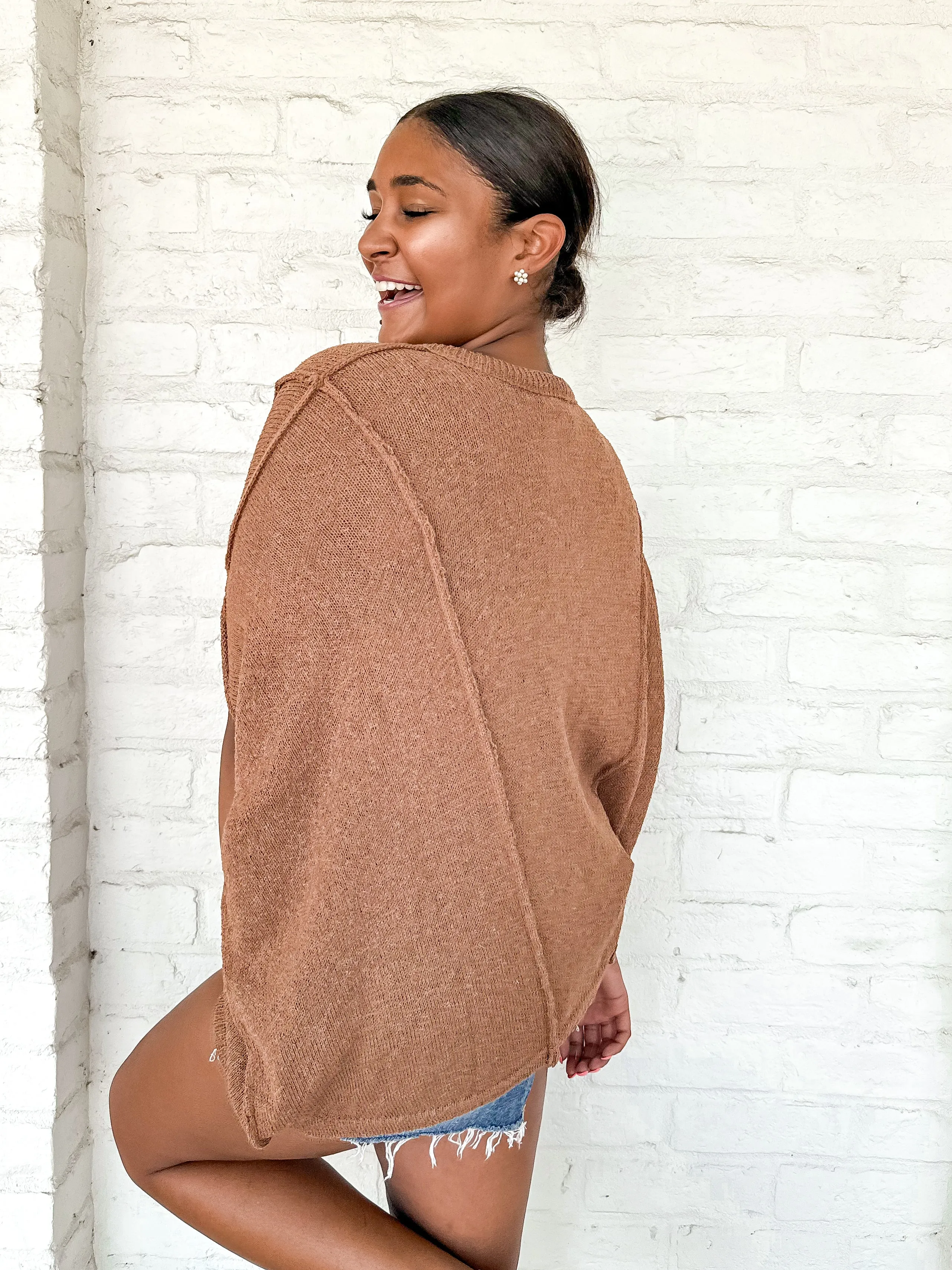Flirty Tropics Top Camel