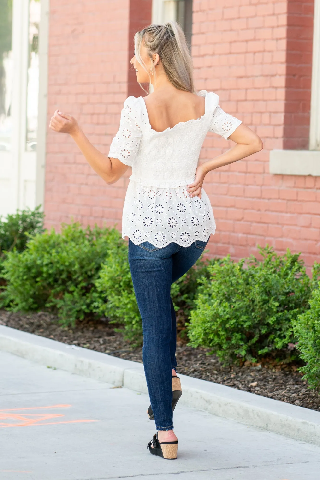 Flower Eyelet Smocked Body Peplum Top - Ivory
