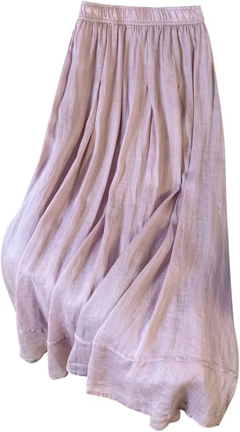 FZYLQY Cotton Linen Skirts for Womens Comfy High Rise Elastic Waist Skirt Versatile Double Layered Solid Color Midi Skirt