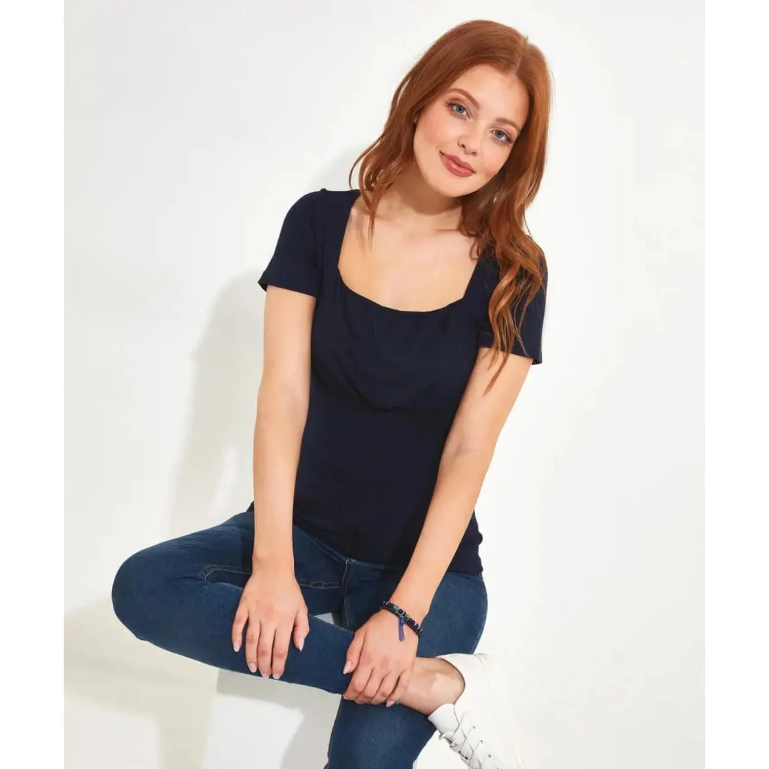 Joe Browns 10 Navy Minnie Ruched Front Jersey Top